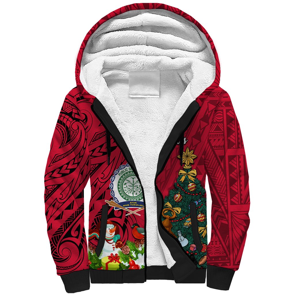 Niue Christmas Sherpa Hoodie Coat of Arms and Polynesian Tattoo Xmas Element Christmas Red Vibe LT03 Unisex Red - Polynesian Pride