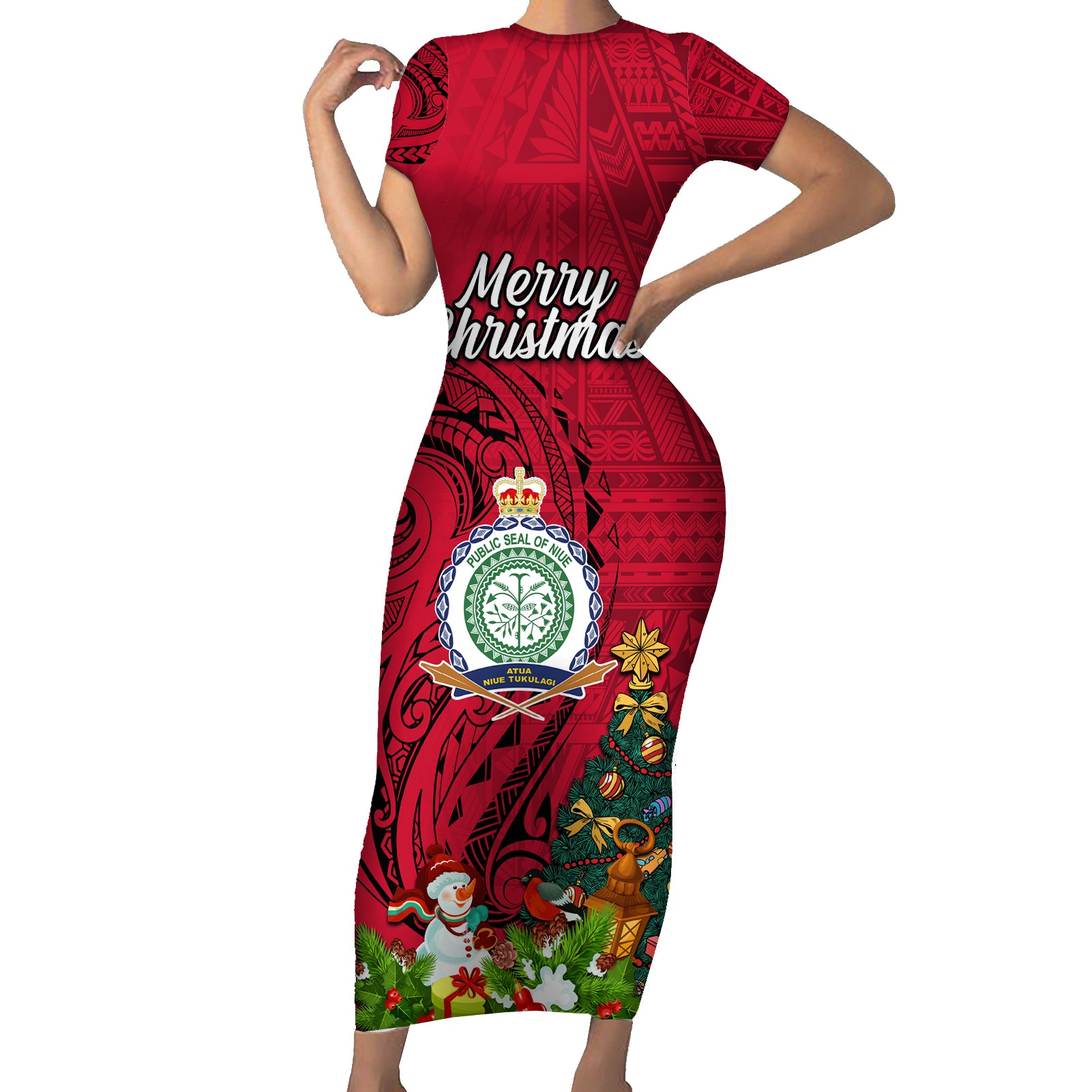 Niue Christmas Short Sleeve Bodycon Dress Coat of Arms and Polynesian Tattoo Xmas Element Christmas Red Vibe LT03 Long Dress Red - Polynesian Pride