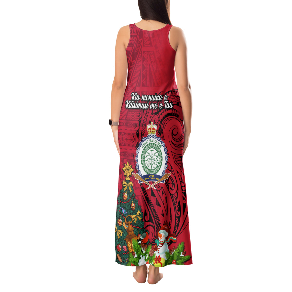 Niue Christmas Tank Maxi Dress Coat of Arms and Polynesian Tattoo Xmas Element Christmas Red Vibe LT03 - Polynesian Pride