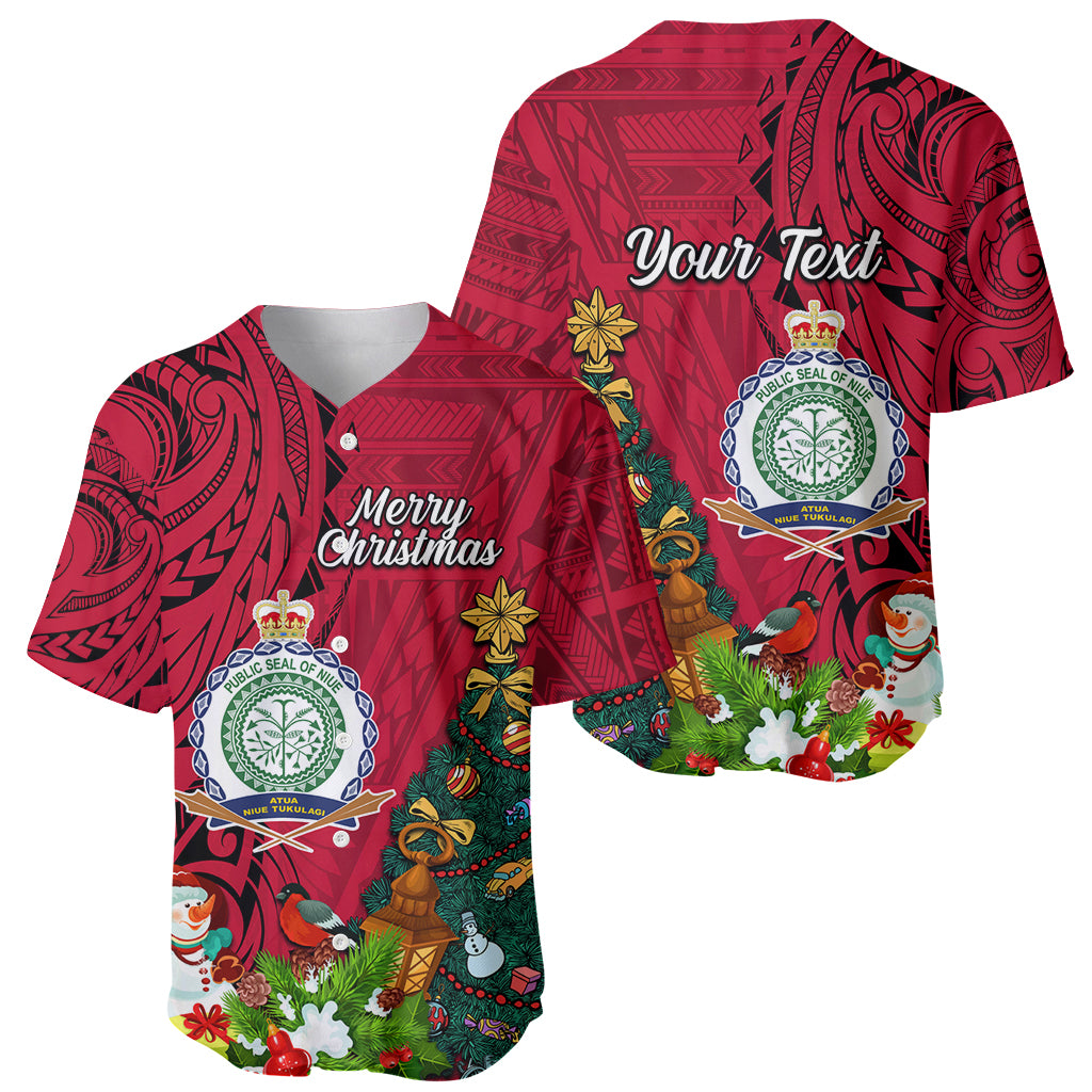 Personalised Niue Christmas Baseball Jersey Coat of Arms and Polynesian Tattoo Xmas Element Christmas Red Vibe LT03 - Polynesian Pride