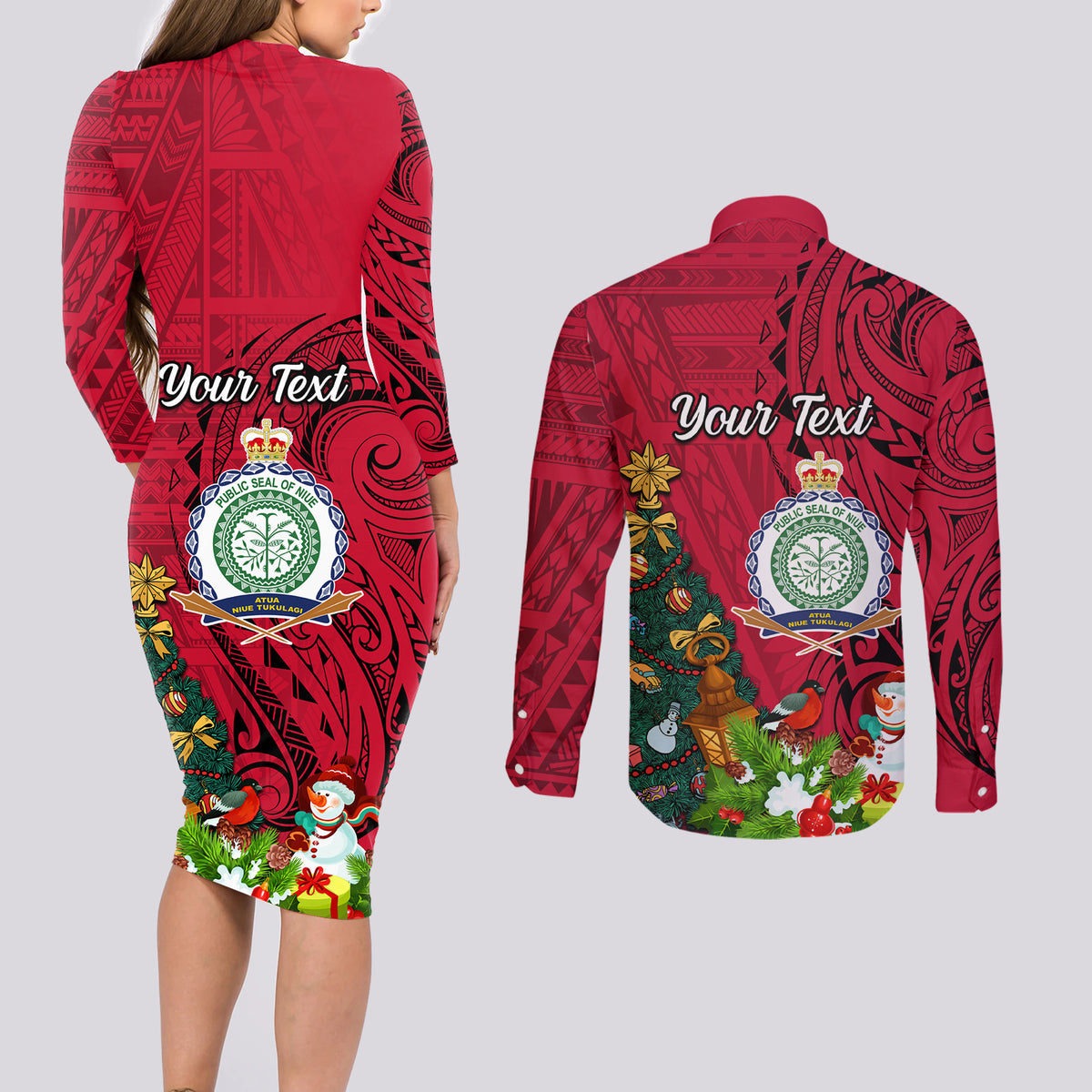 Personalised Niue Christmas Couples Matching Long Sleeve Bodycon Dress and Long Sleeve Button Shirt Coat of Arms and Polynesian Tattoo Xmas Element Christmas Red Vibe LT03 - Polynesian Pride