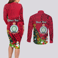Personalised Niue Christmas Couples Matching Long Sleeve Bodycon Dress and Long Sleeve Button Shirt Coat of Arms and Polynesian Tattoo Xmas Element Christmas Red Vibe LT03 - Polynesian Pride