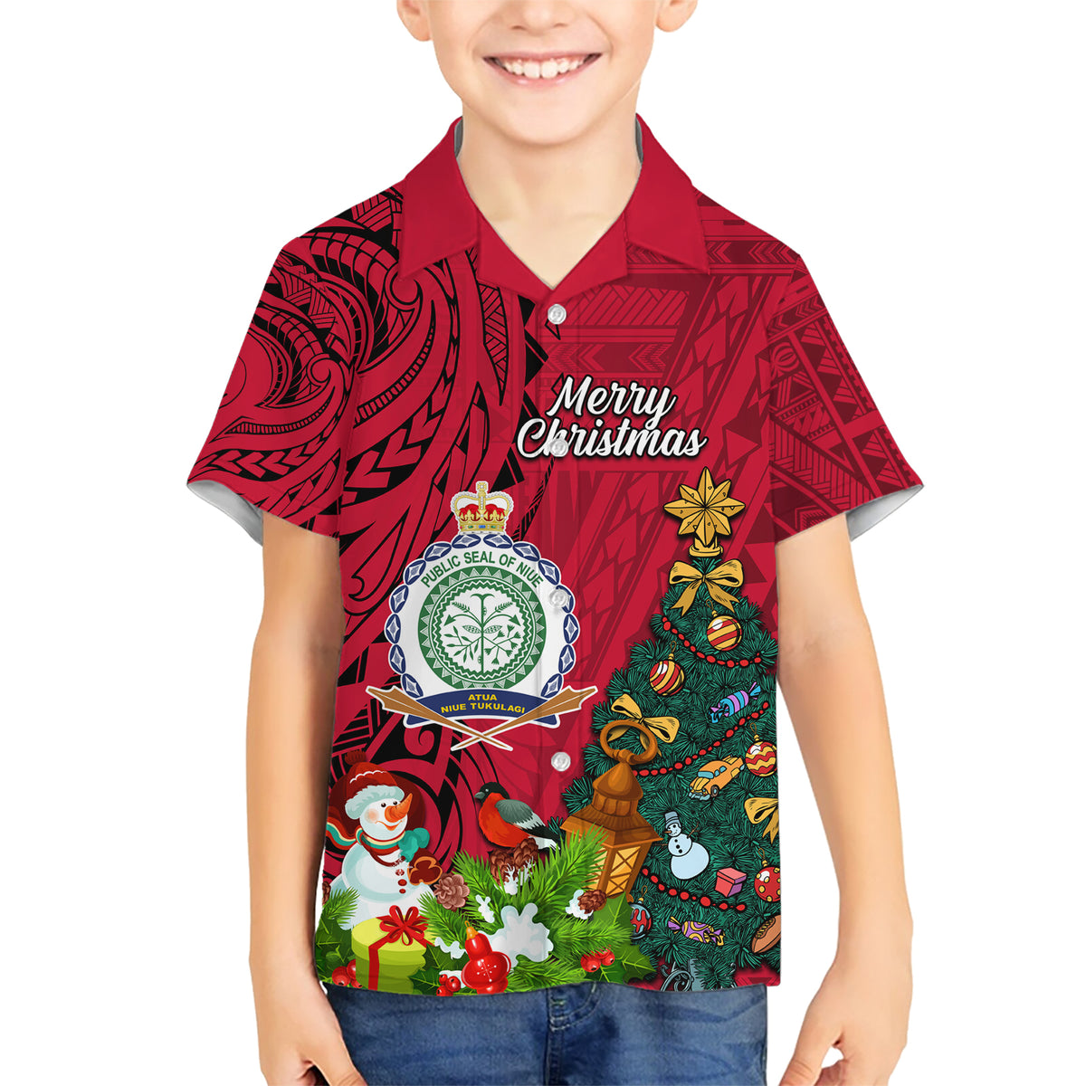 Personalised Niue Christmas Family Matching Short Sleeve Bodycon Dress and Hawaiian Shirt Coat of Arms and Polynesian Tattoo Xmas Element Christmas Red Vibe LT03 Son's Shirt Red - Polynesian Pride