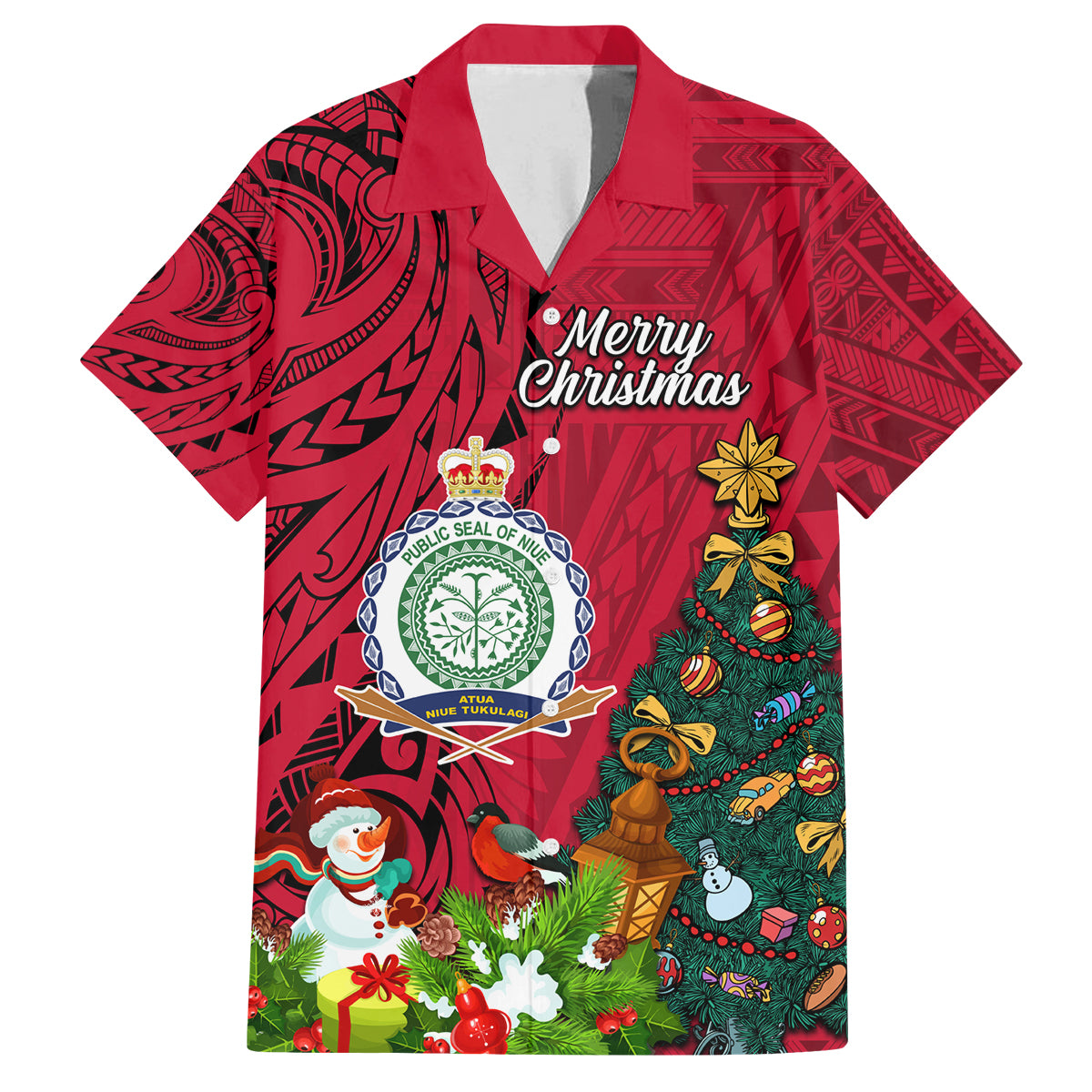 Personalised Niue Christmas Family Matching Summer Maxi Dress and Hawaiian Shirt Coat of Arms and Polynesian Tattoo Xmas Element Christmas Red Vibe LT03 Dad's Shirt - Short Sleeve Red - Polynesian Pride