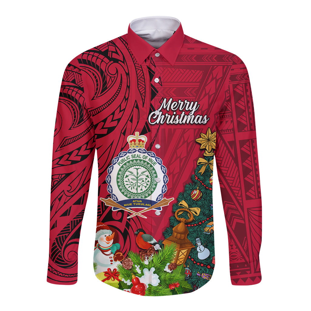 Personalised Niue Christmas Long Sleeve Button Shirt Coat of Arms and Polynesian Tattoo Xmas Element Christmas Red Vibe LT03 Unisex Red - Polynesian Pride