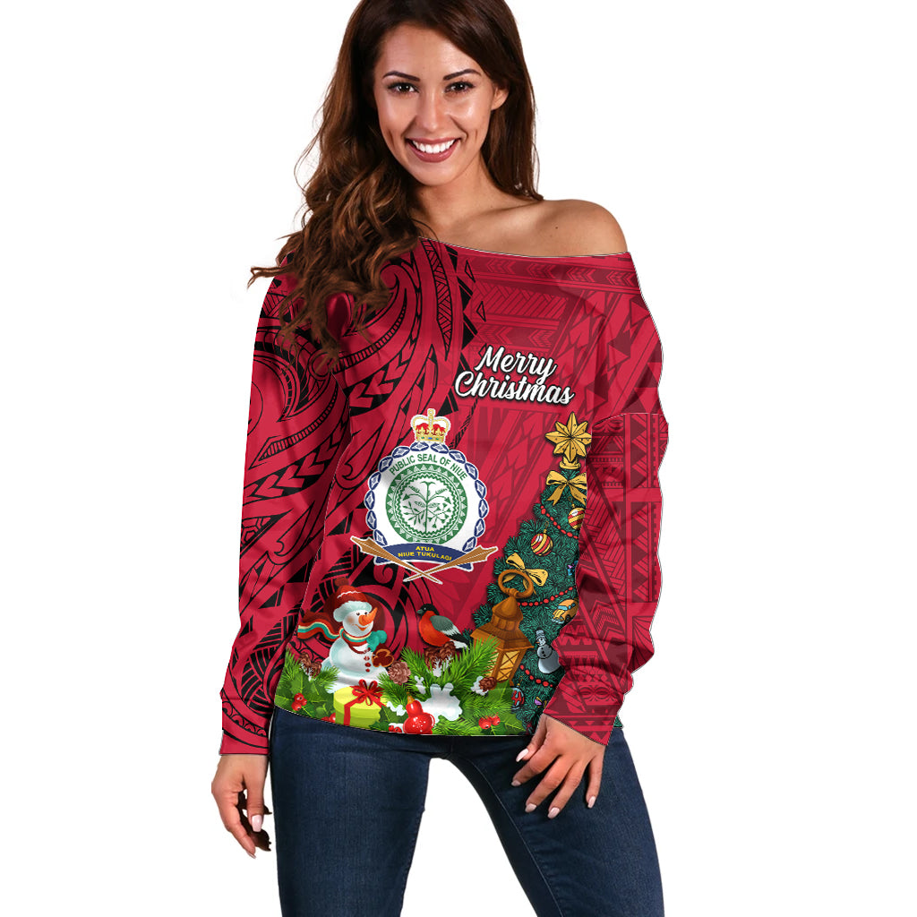 Personalised Niue Christmas Off Shoulder Sweater Coat of Arms and Polynesian Tattoo Xmas Element Christmas Red Vibe LT03 Women Red - Polynesian Pride