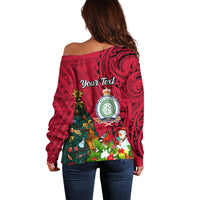 Personalised Niue Christmas Off Shoulder Sweater Coat of Arms and Polynesian Tattoo Xmas Element Christmas Red Vibe LT03 - Polynesian Pride