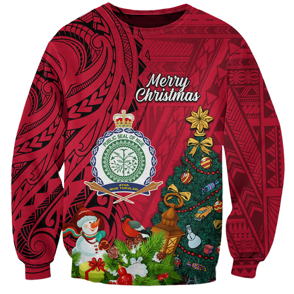 Personalised Niue Christmas Sweatshirt Coat of Arms and Polynesian Tattoo Xmas Element Christmas Red Vibe LT03 Unisex Red - Polynesian Pride