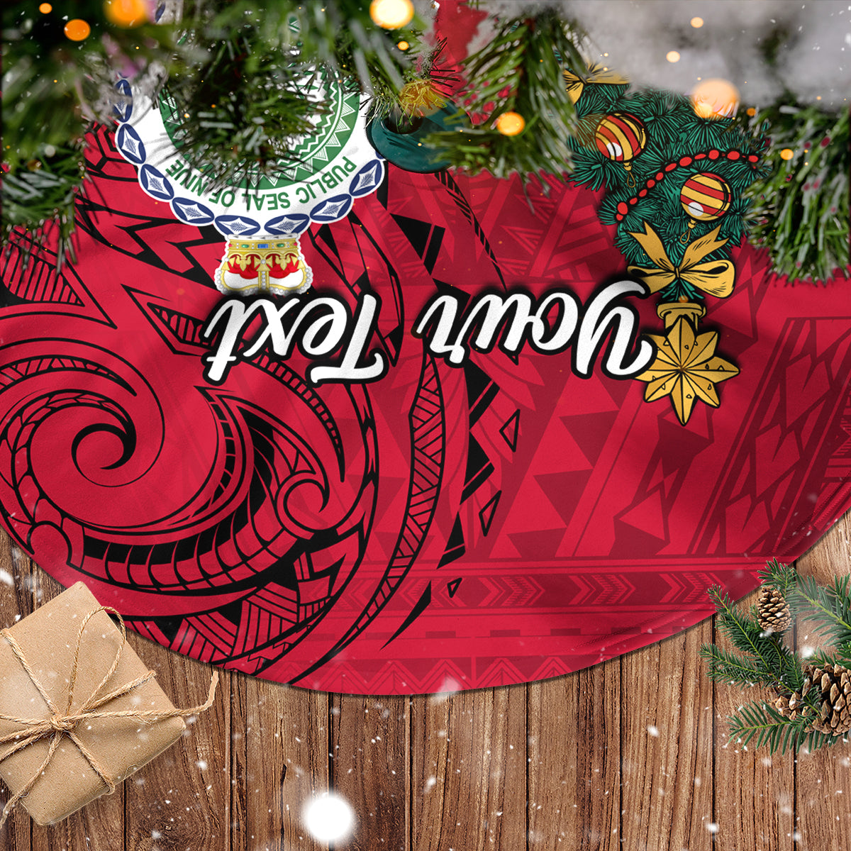 Personalised Niue Christmas Tree Skirt Coat of Arms and Polynesian Tattoo Xmas Element Christmas Red Vibe LT03 - Polynesian Pride