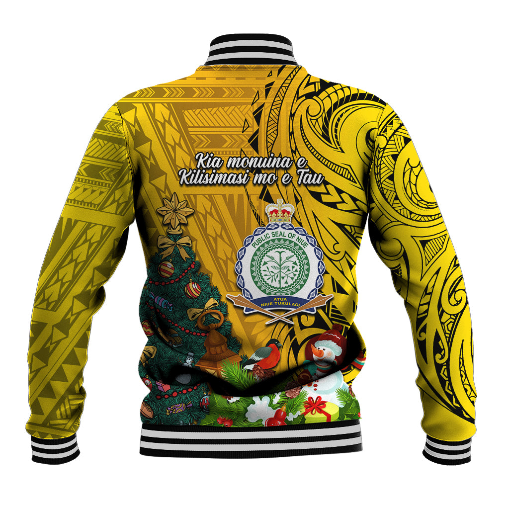 Niue Christmas Baseball Jacket Coat of Arms and Polynesian Tattoo Xmas Element Christmas Yellow Vibe LT03 - Polynesian Pride