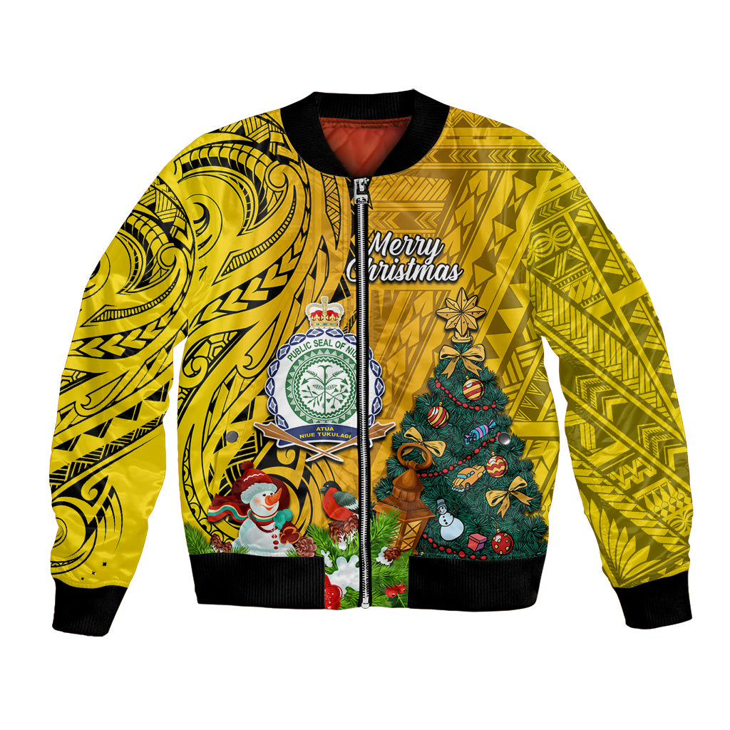Niue Christmas Bomber Jacket Coat of Arms and Polynesian Tattoo Xmas Element Christmas Yellow Vibe LT03 Unisex Yellow - Polynesian Pride