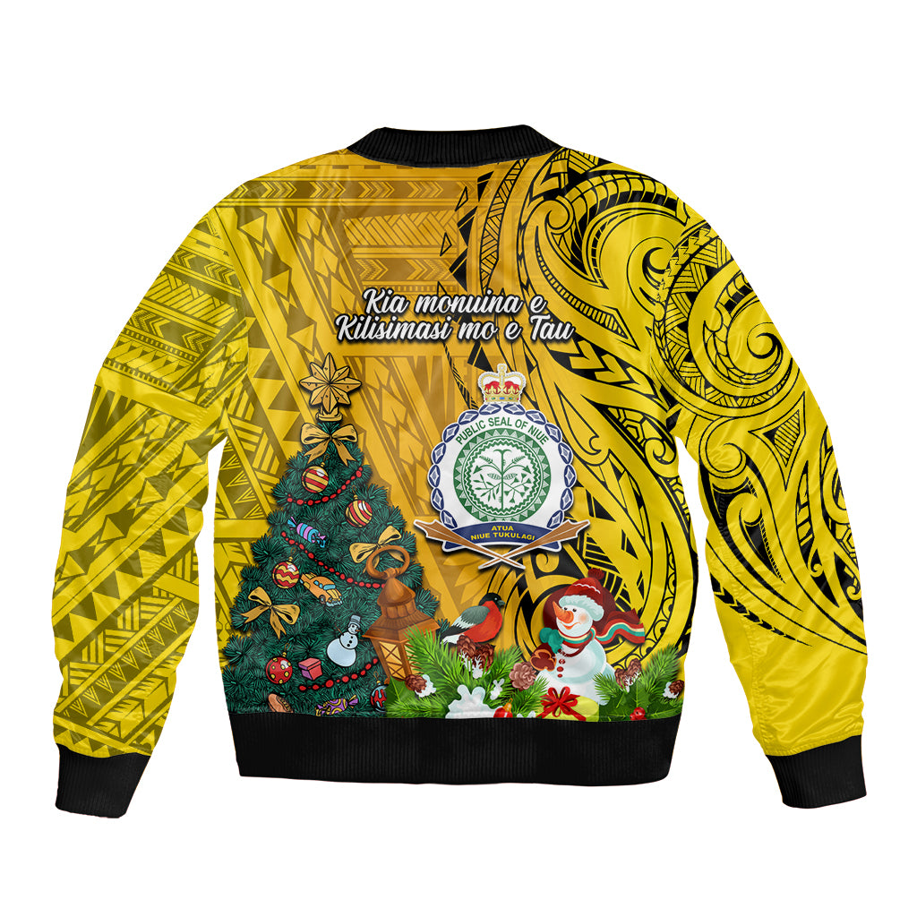 Niue Christmas Bomber Jacket Coat of Arms and Polynesian Tattoo Xmas Element Christmas Yellow Vibe LT03 - Polynesian Pride