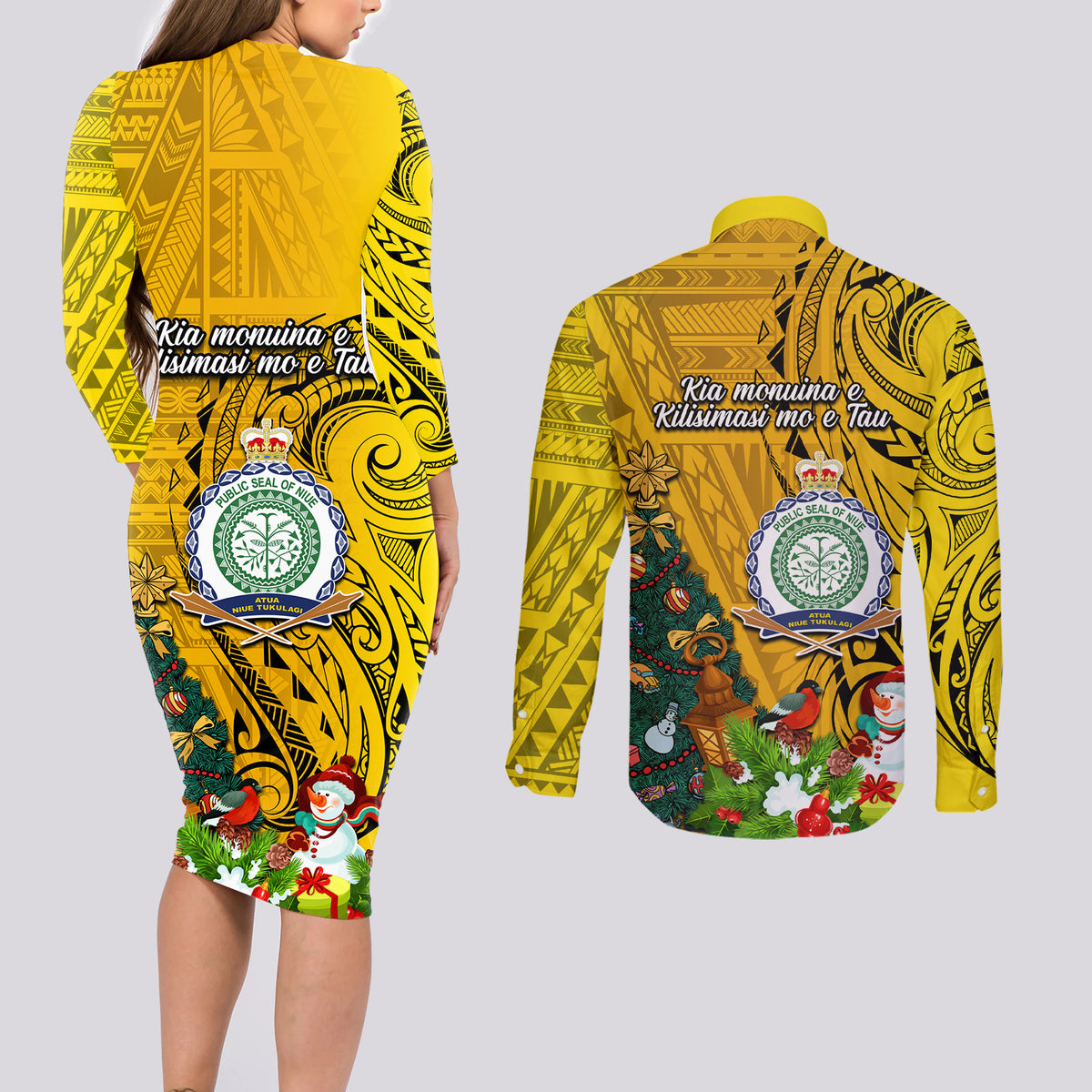 Niue Christmas Couples Matching Long Sleeve Bodycon Dress and Long Sleeve Button Shirt Coat of Arms and Polynesian Tattoo Xmas Element Christmas Yellow Vibe LT03 - Polynesian Pride