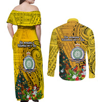 Niue Christmas Couples Matching Off Shoulder Maxi Dress and Long Sleeve Button Shirt Coat of Arms and Polynesian Tattoo Xmas Element Christmas Yellow Vibe LT03 - Polynesian Pride