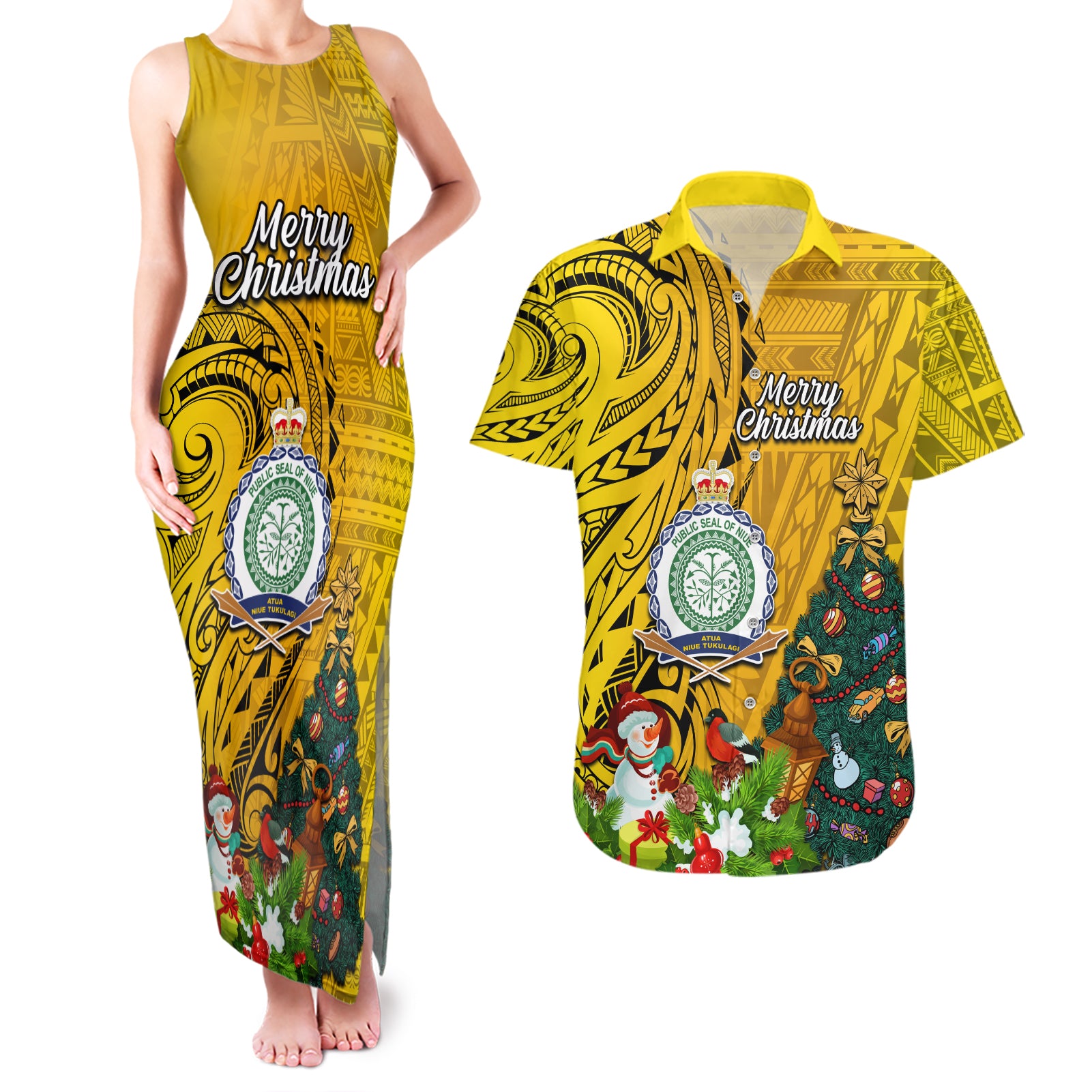 Niue Christmas Couples Matching Tank Maxi Dress and Hawaiian Shirt Coat of Arms and Polynesian Tattoo Xmas Element Christmas Yellow Vibe LT03 Yellow - Polynesian Pride