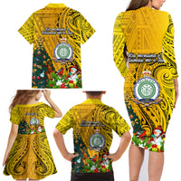 Niue Christmas Family Matching Long Sleeve Bodycon Dress and Hawaiian Shirt Coat of Arms and Polynesian Tattoo Xmas Element Christmas Yellow Vibe LT03 - Polynesian Pride