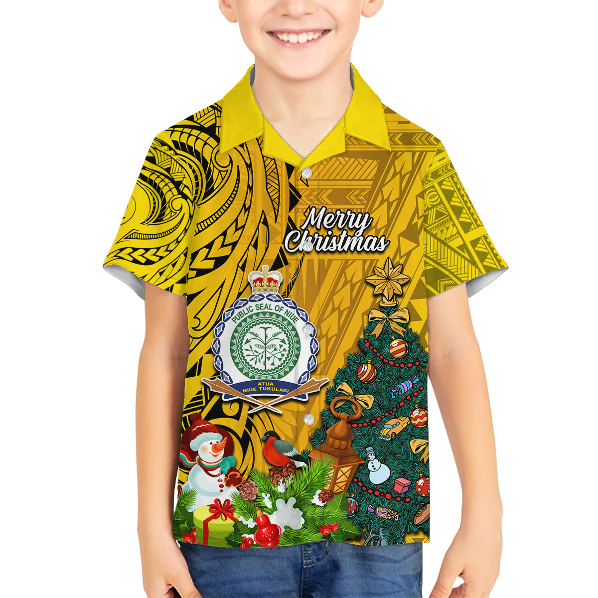 Niue Christmas Family Matching Off Shoulder Long Sleeve Dress and Hawaiian Shirt Coat of Arms and Polynesian Tattoo Xmas Element Christmas Yellow Vibe LT03 Son's Shirt Yellow - Polynesian Pride