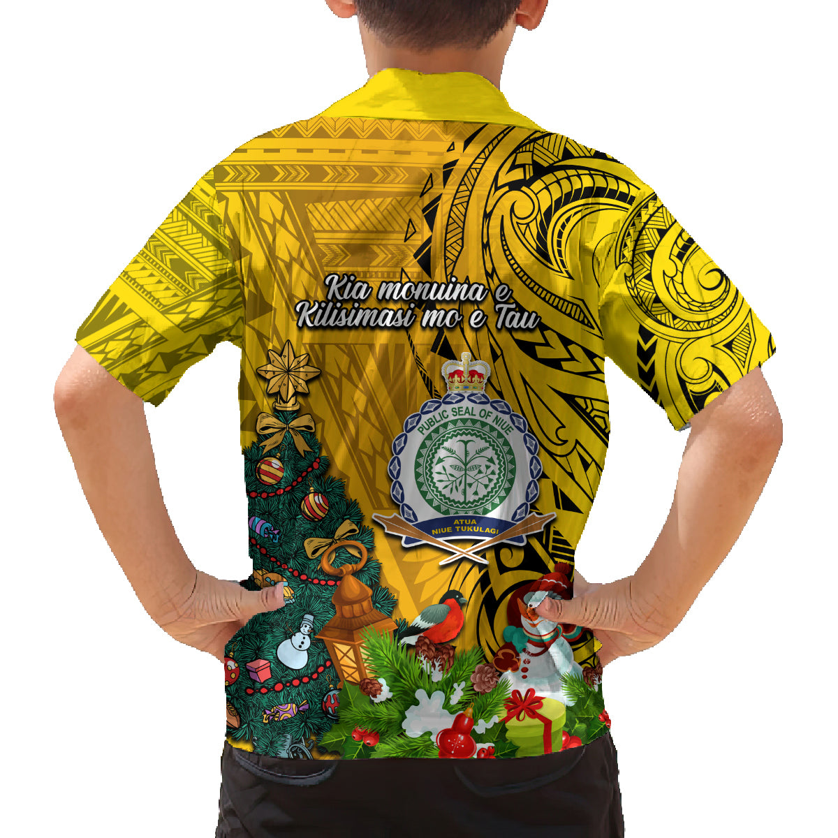 Niue Christmas Family Matching Off Shoulder Short Dress and Hawaiian Shirt Coat of Arms and Polynesian Tattoo Xmas Element Christmas Yellow Vibe LT03 - Polynesian Pride