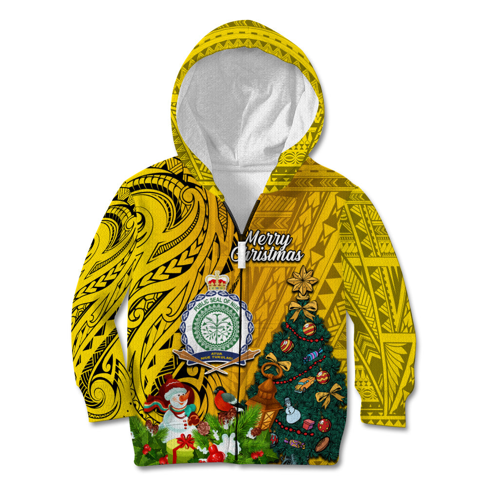 Niue Christmas Kid Hoodie Coat of Arms and Polynesian Tattoo Xmas Element Christmas Yellow Vibe LT03 Zip Hoodie Yellow - Polynesian Pride