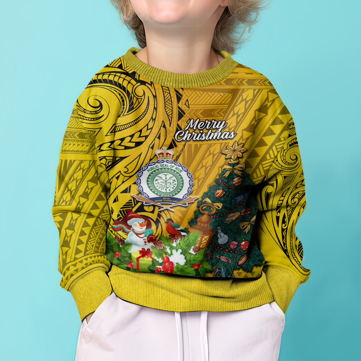 Niue Christmas Kid Ugly Christmas Sweater Coat of Arms and Polynesian Tattoo Xmas Element Christmas Yellow Vibe LT03 - Polynesian Pride