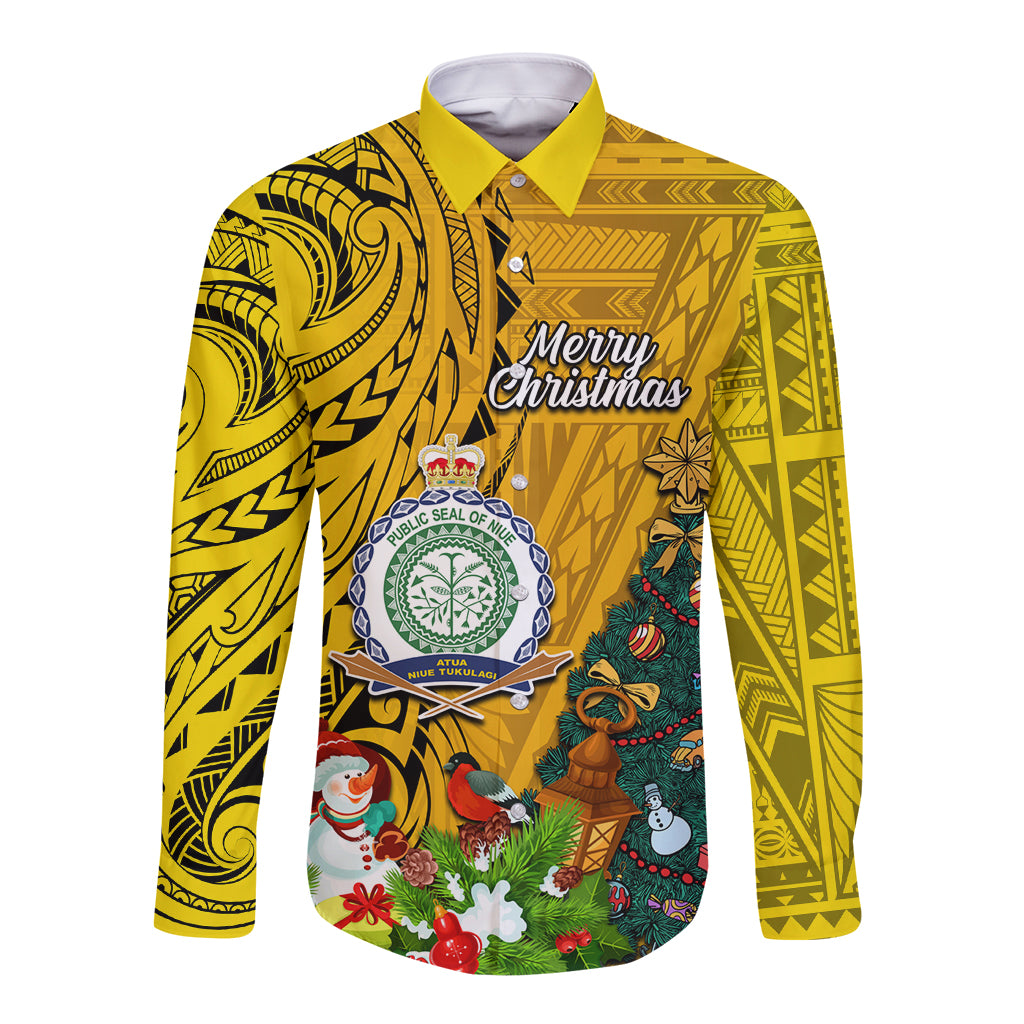 Niue Christmas Long Sleeve Button Shirt Coat of Arms and Polynesian Tattoo Xmas Element Christmas Yellow Vibe LT03 Unisex Yellow - Polynesian Pride