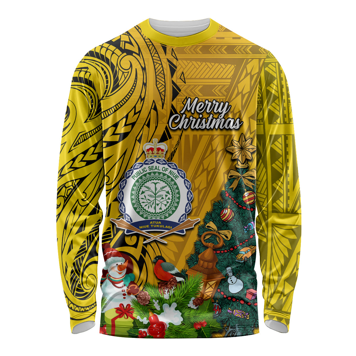 Niue Christmas Long Sleeve Shirt Coat of Arms and Polynesian Tattoo Xmas Element Christmas Yellow Vibe LT03 Unisex Yellow - Polynesian Pride