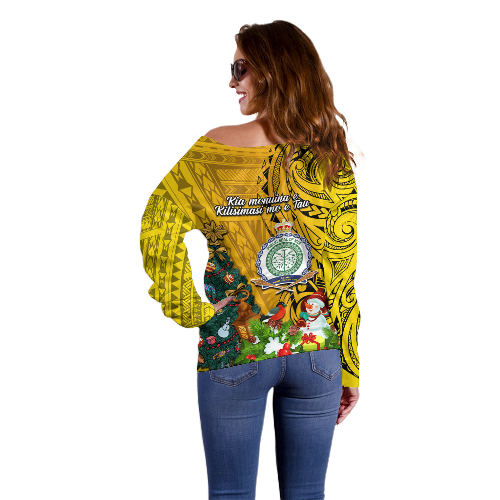Niue Christmas Off Shoulder Sweater Coat of Arms and Polynesian Tattoo Xmas Element Christmas Yellow Vibe LT03 - Polynesian Pride