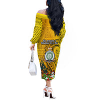 Niue Christmas Off The Shoulder Long Sleeve Dress Coat of Arms and Polynesian Tattoo Xmas Element Christmas Yellow Vibe LT03 - Polynesian Pride