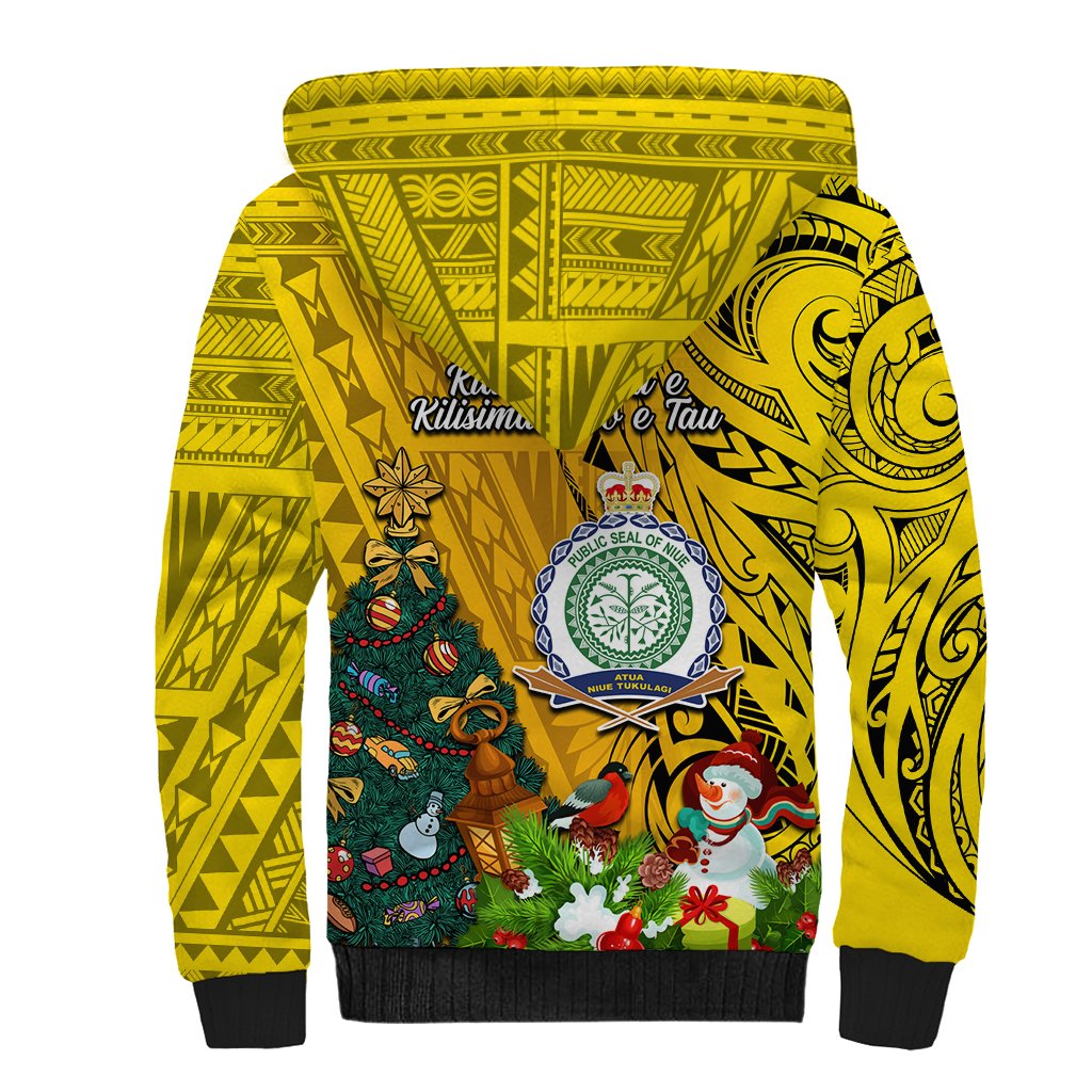Niue Christmas Sherpa Hoodie Coat of Arms and Polynesian Tattoo Xmas Element Christmas Yellow Vibe LT03 - Polynesian Pride