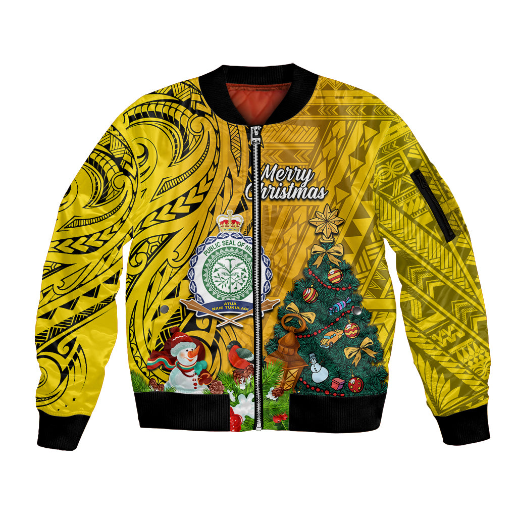 Niue Christmas Sleeve Zip Bomber Jacket Coat of Arms and Polynesian Tattoo Xmas Element Christmas Yellow Vibe LT03 Unisex Yellow - Polynesian Pride