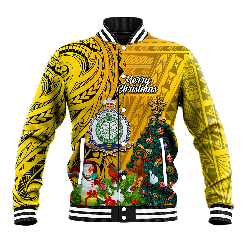 Personalised Niue Christmas Baseball Jacket Coat of Arms and Polynesian Tattoo Xmas Element Christmas Yellow Vibe LT03 Unisex Yellow - Polynesian Pride