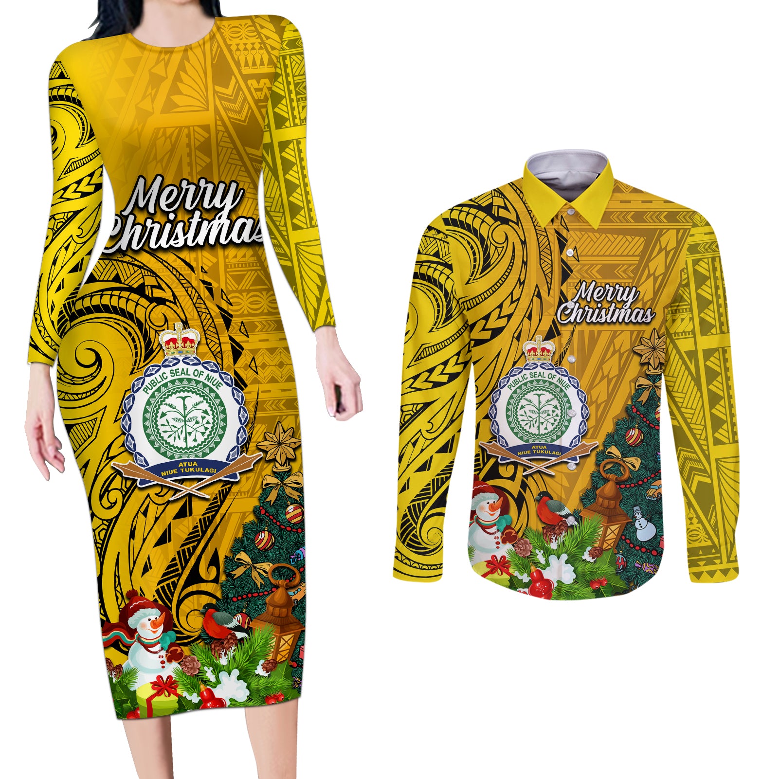 Personalised Niue Christmas Couples Matching Long Sleeve Bodycon Dress and Long Sleeve Button Shirt Coat of Arms and Polynesian Tattoo Xmas Element Christmas Yellow Vibe LT03 Yellow - Polynesian Pride