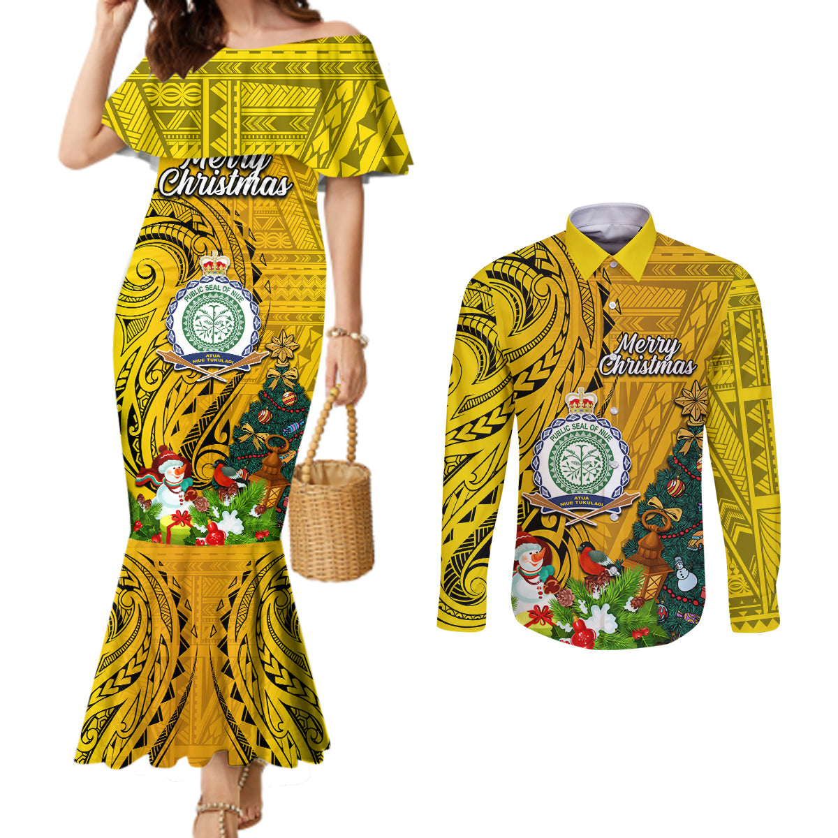 Personalised Niue Christmas Couples Matching Mermaid Dress and Long Sleeve Button Shirt Coat of Arms and Polynesian Tattoo Xmas Element Christmas Yellow Vibe LT03 Yellow - Polynesian Pride