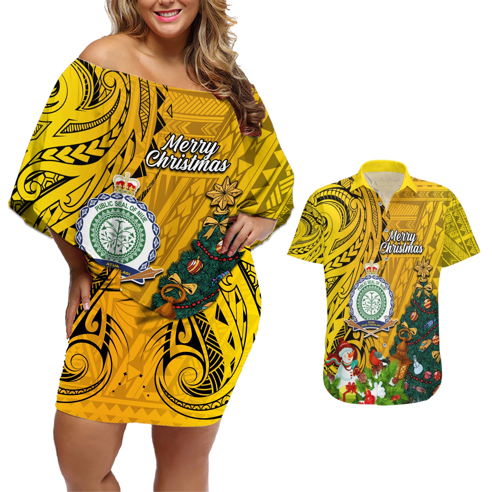 Personalised Niue Christmas Couples Matching Off Shoulder Short Dress and Hawaiian Shirt Coat of Arms and Polynesian Tattoo Xmas Element Christmas Yellow Vibe LT03 Yellow - Polynesian Pride