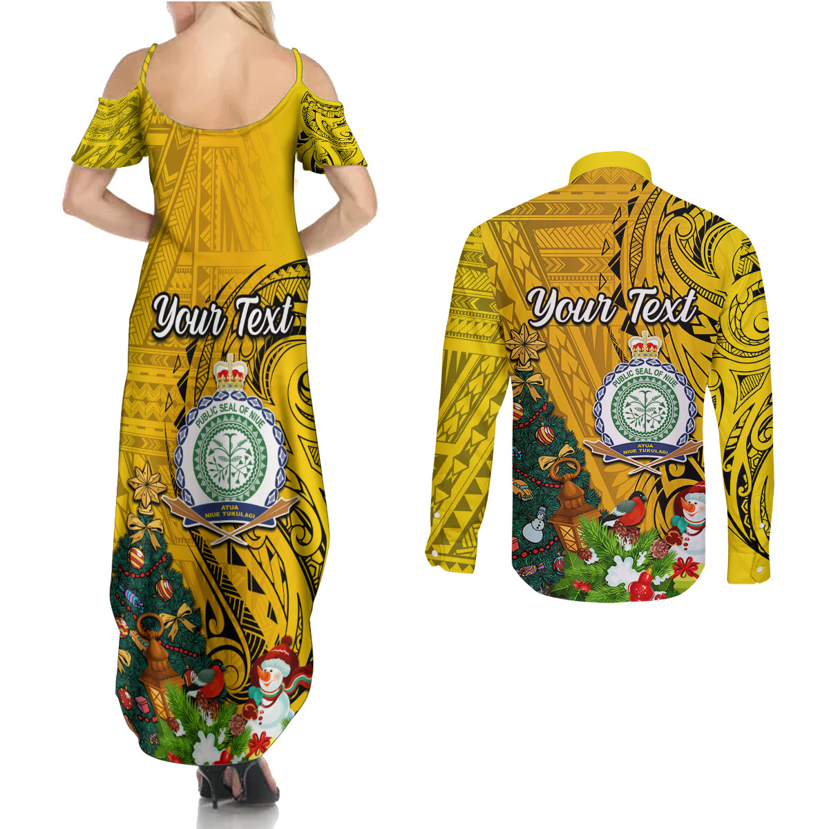 Personalised Niue Christmas Couples Matching Summer Maxi Dress and Long Sleeve Button Shirt Coat of Arms and Polynesian Tattoo Xmas Element Christmas Yellow Vibe LT03 - Polynesian Pride
