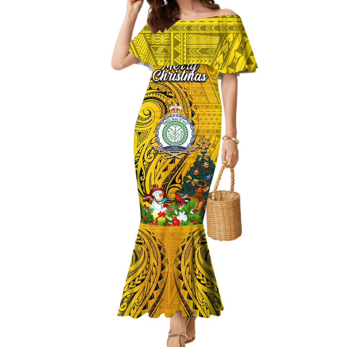 Personalised Niue Christmas Family Matching Mermaid Dress and Hawaiian Shirt Coat of Arms and Polynesian Tattoo Xmas Element Christmas Yellow Vibe LT03 Mom's Dress Yellow - Polynesian Pride