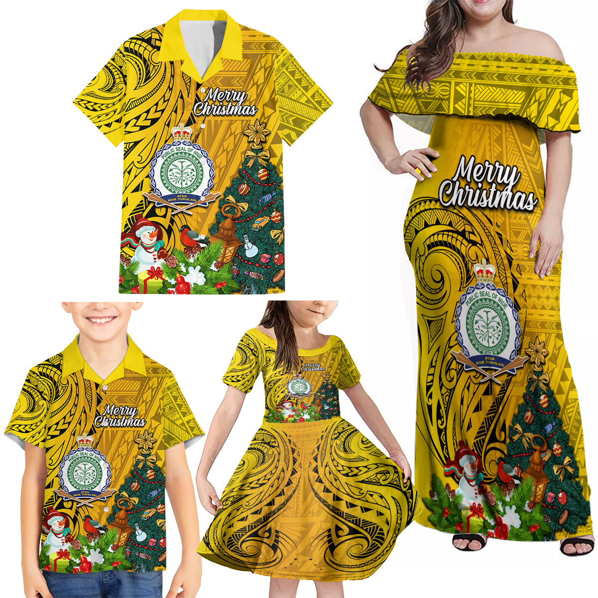 Personalised Niue Christmas Family Matching Off Shoulder Maxi Dress and Hawaiian Shirt Coat of Arms and Polynesian Tattoo Xmas Element Christmas Yellow Vibe LT03 - Polynesian Pride