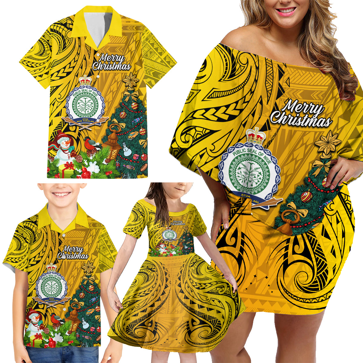 Personalised Niue Christmas Family Matching Off Shoulder Short Dress and Hawaiian Shirt Coat of Arms and Polynesian Tattoo Xmas Element Christmas Yellow Vibe LT03 - Polynesian Pride