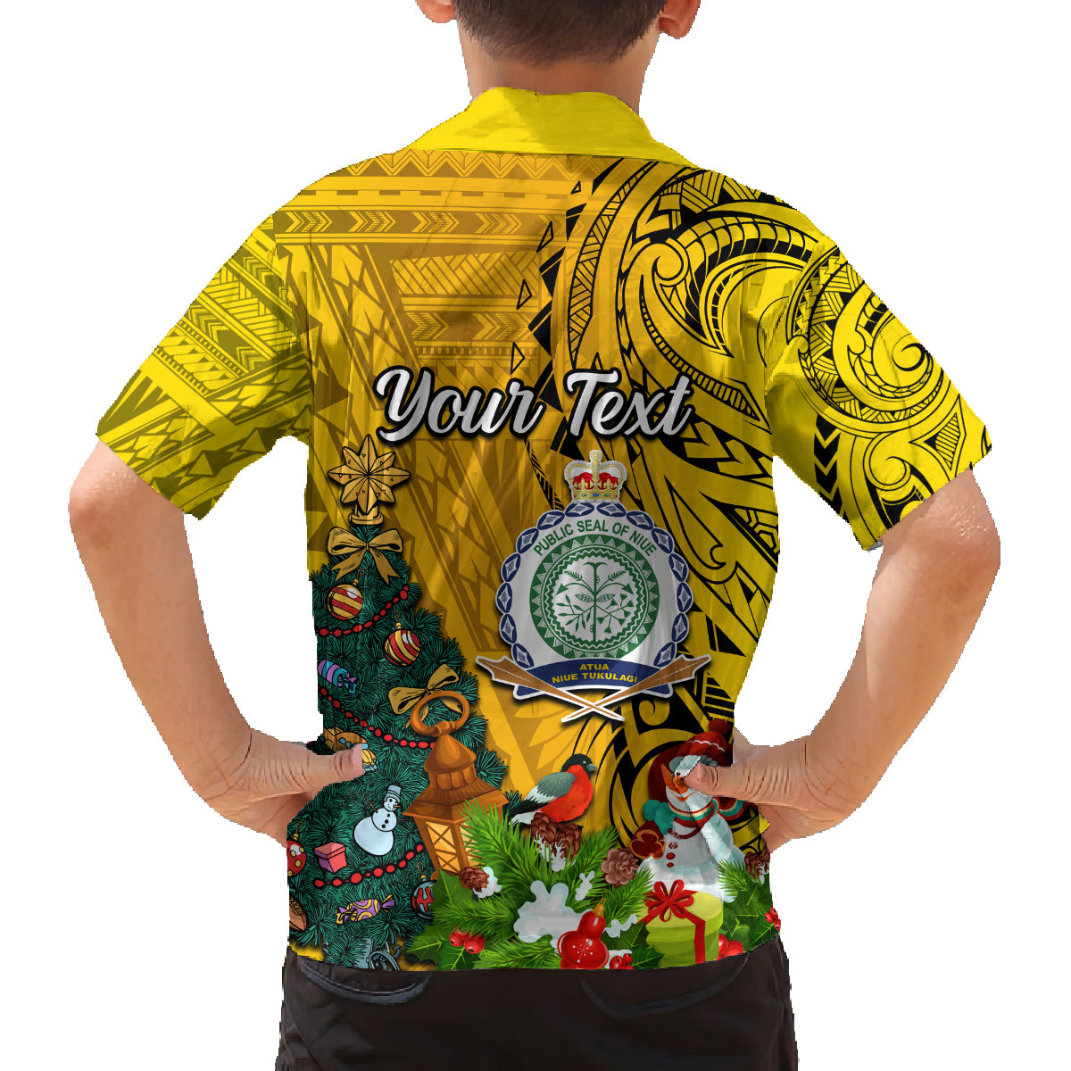 Personalised Niue Christmas Family Matching Puletasi Dress and Hawaiian Shirt Coat of Arms and Polynesian Tattoo Xmas Element Christmas Yellow Vibe LT03 - Polynesian Pride