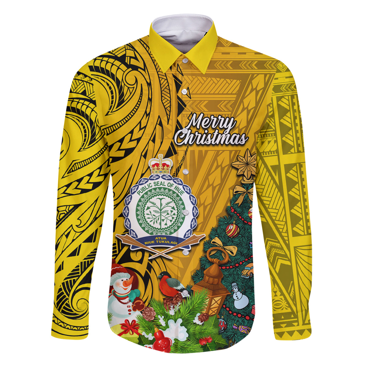 Personalised Niue Christmas Family Matching Summer Maxi Dress and Hawaiian Shirt Coat of Arms and Polynesian Tattoo Xmas Element Christmas Yellow Vibe LT03 Dad's Shirt - Long Sleeve Yellow - Polynesian Pride