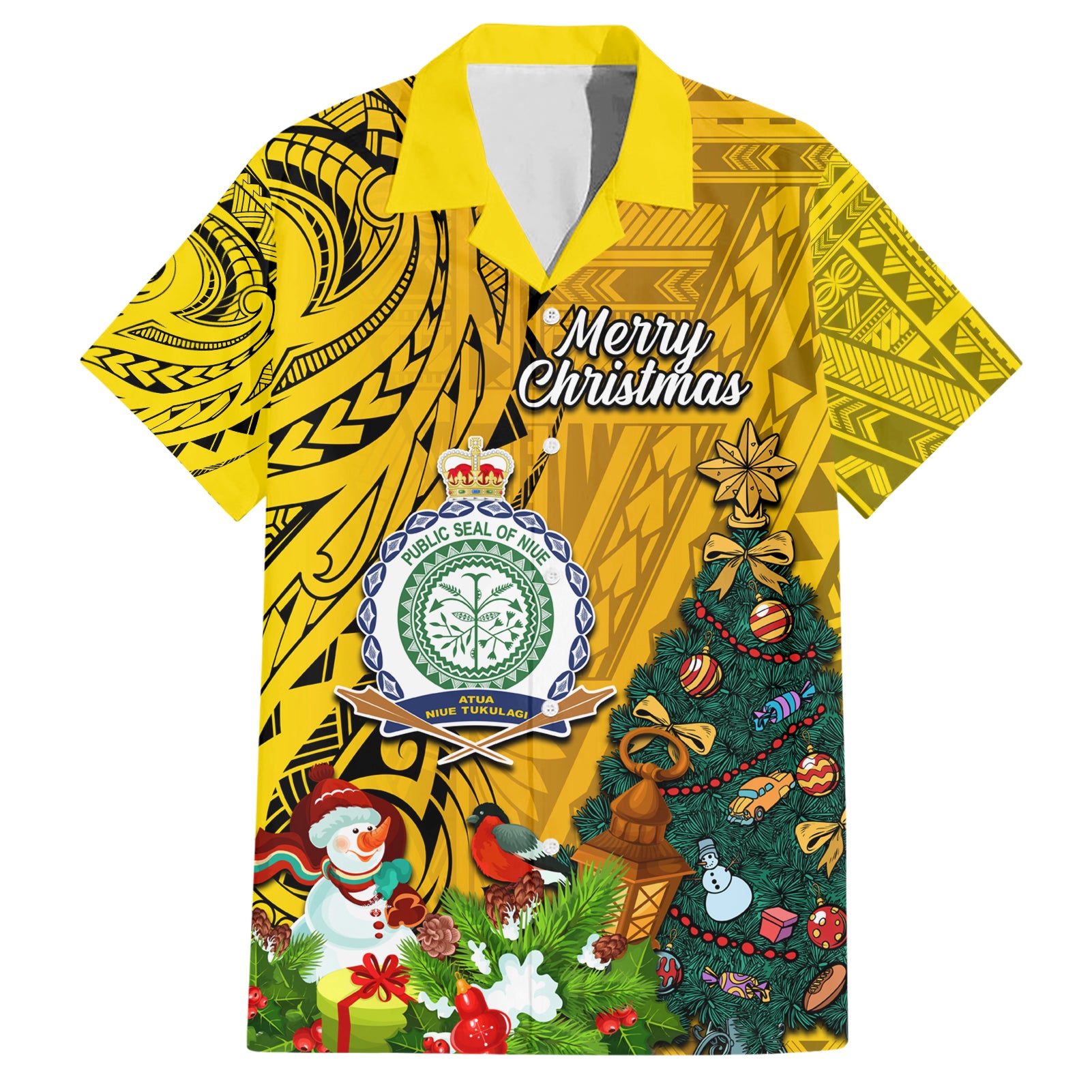 Personalised Niue Christmas Hawaiian Shirt Coat of Arms and Polynesian Tattoo Xmas Element Christmas Yellow Vibe LT03 Yellow - Polynesian Pride