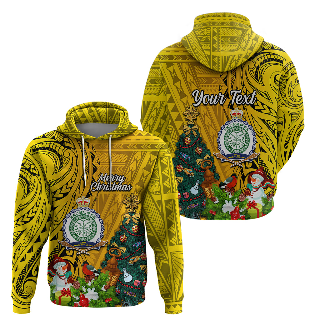 Personalised Niue Christmas Hoodie Coat of Arms and Polynesian Tattoo Xmas Element Christmas Yellow Vibe LT03 - Polynesian Pride