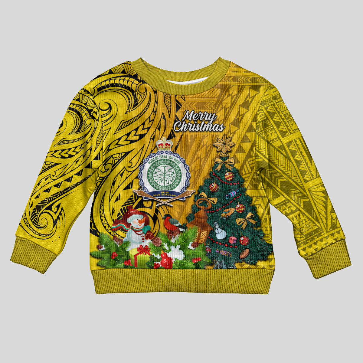 Personalised Niue Christmas Kid Ugly Christmas Sweater Coat of Arms and Polynesian Tattoo Xmas Element Christmas Yellow Vibe LT03 Kid Yellow - Polynesian Pride