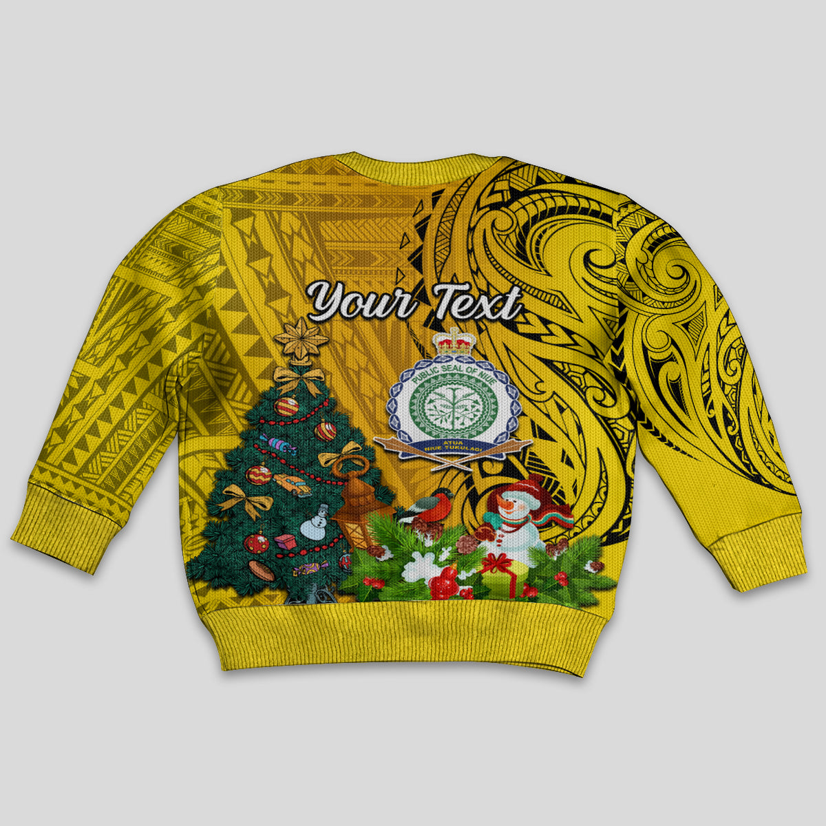 Personalised Niue Christmas Kid Ugly Christmas Sweater Coat of Arms and Polynesian Tattoo Xmas Element Christmas Yellow Vibe LT03 - Polynesian Pride
