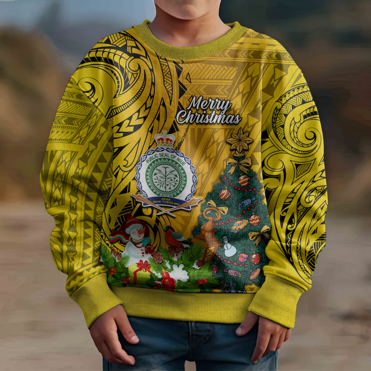 Personalised Niue Christmas Kid Ugly Christmas Sweater Coat of Arms and Polynesian Tattoo Xmas Element Christmas Yellow Vibe LT03 - Polynesian Pride