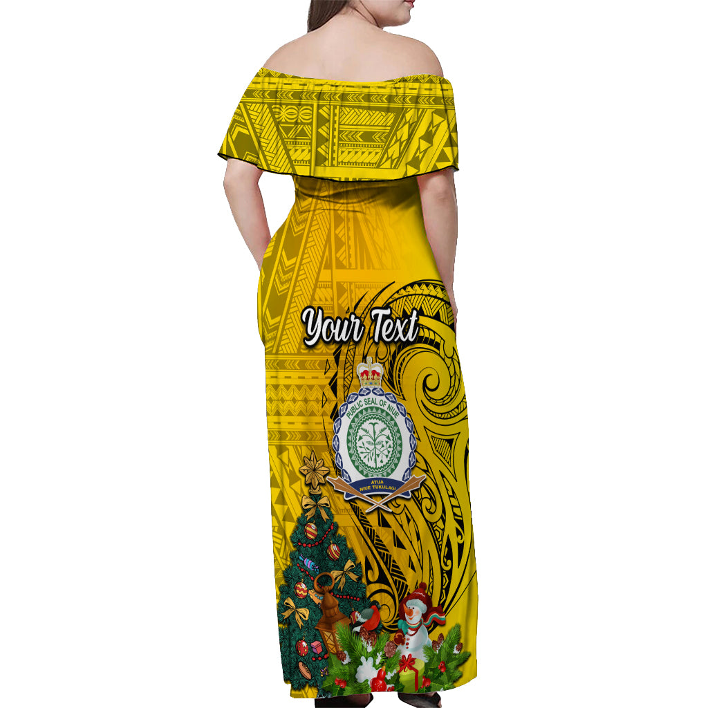 Personalised Niue Christmas Off Shoulder Maxi Dress Coat of Arms and Polynesian Tattoo Xmas Element Christmas Yellow Vibe LT03 - Polynesian Pride