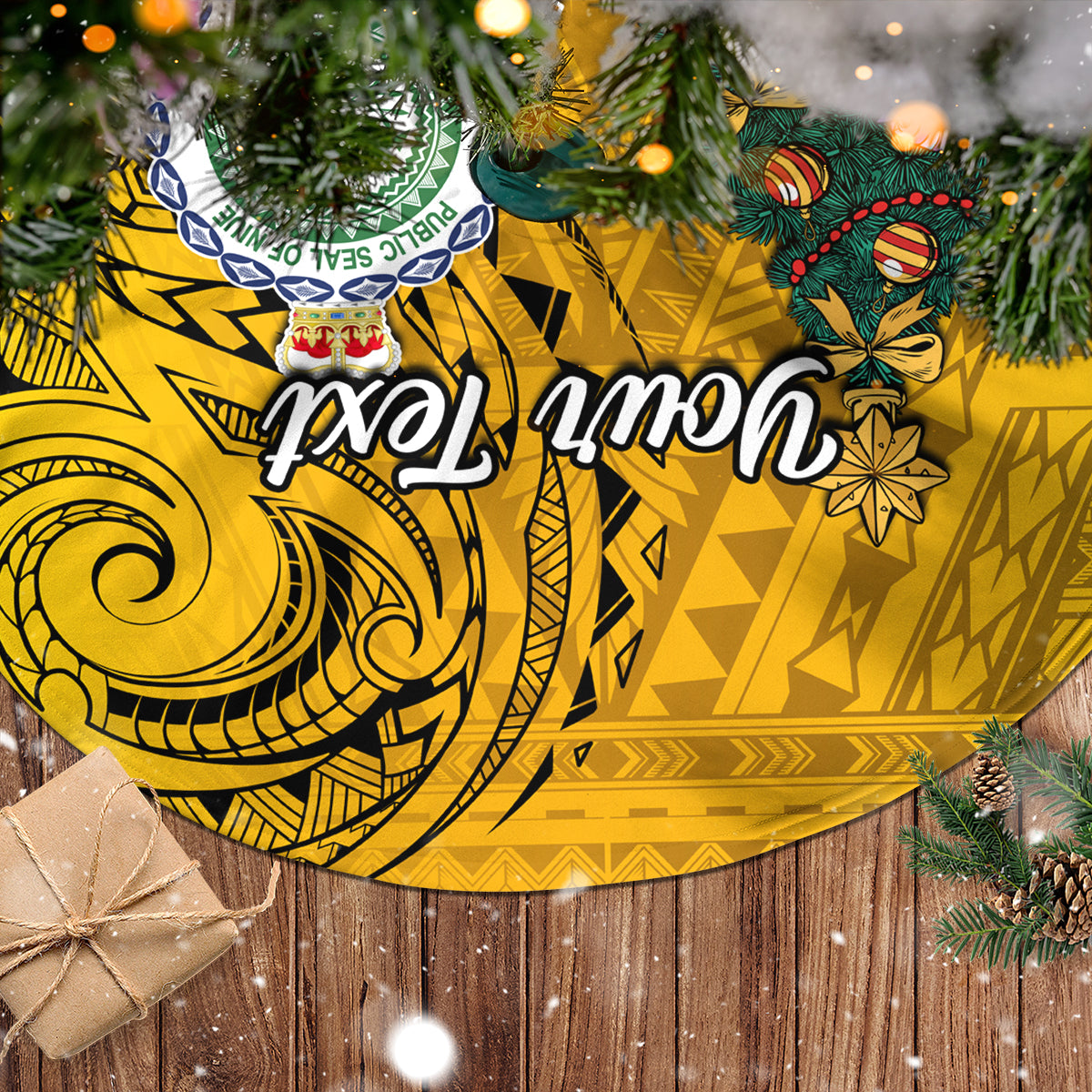 Personalised Niue Christmas Tree Skirt Coat of Arms and Polynesian Tattoo Xmas Element Christmas Yellow Vibe LT03 - Polynesian Pride