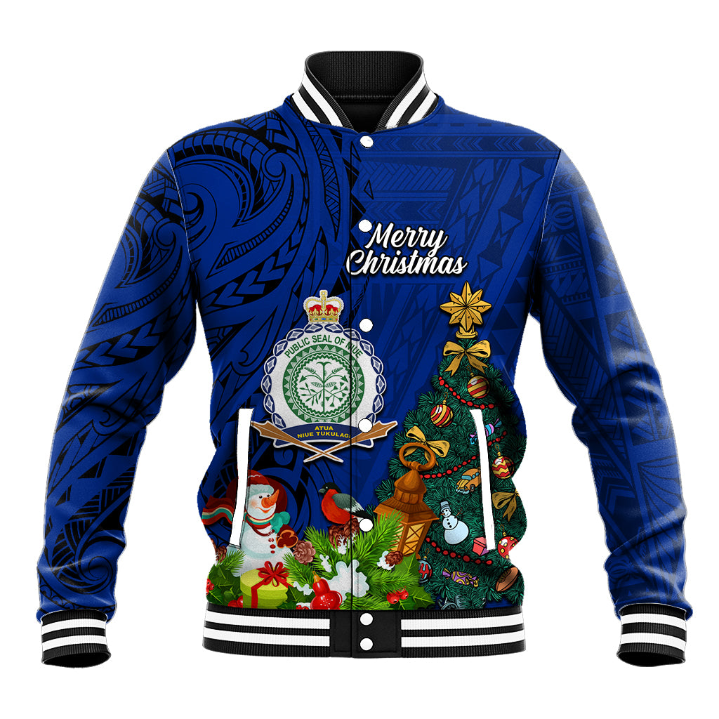 Niue Christmas Baseball Jacket Coat of Arms and Polynesian Tattoo Xmas Element Christmas Blue Vibe LT03 Unisex Blue - Polynesian Pride