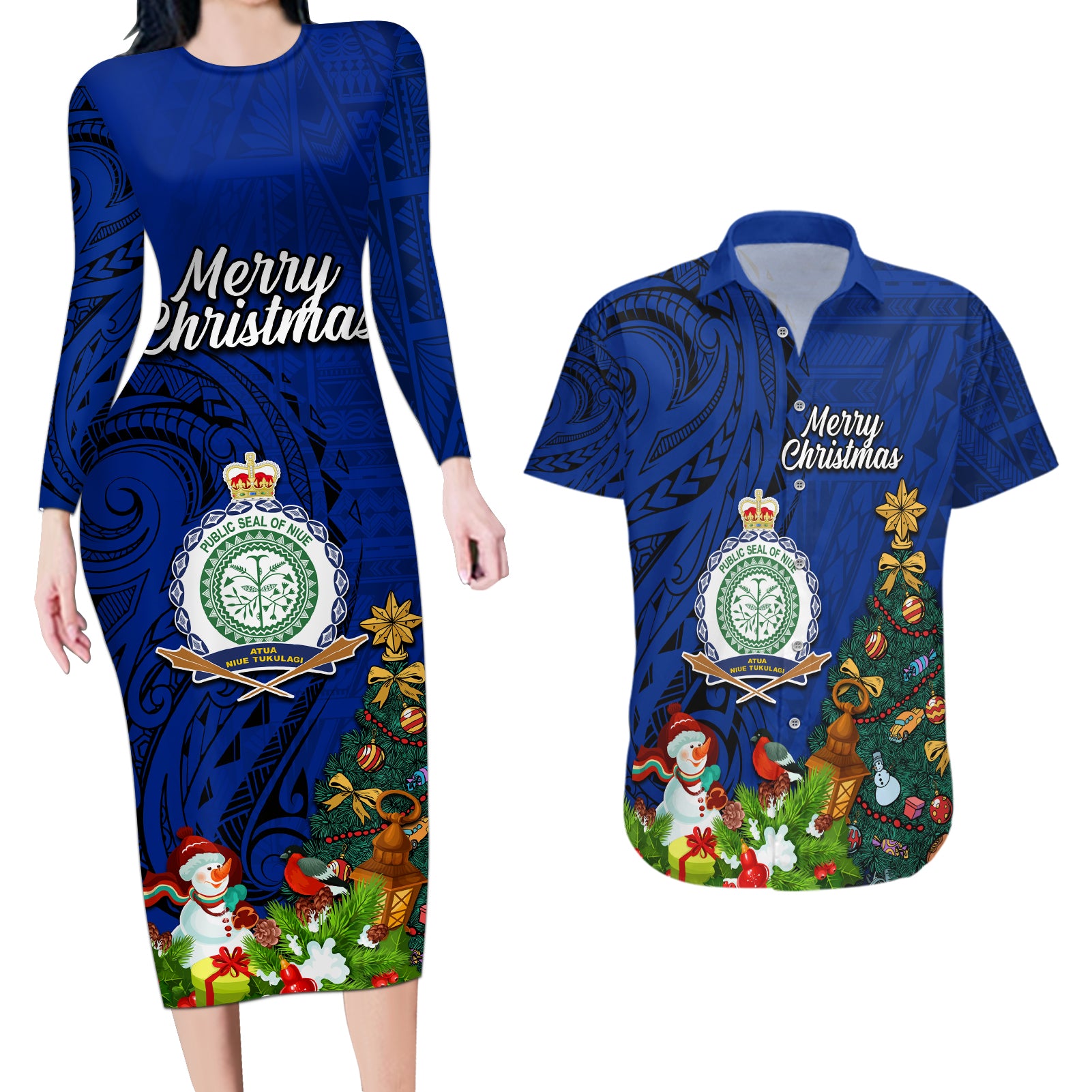 Niue Christmas Couples Matching Long Sleeve Bodycon Dress and Hawaiian Shirt Coat of Arms and Polynesian Tattoo Xmas Element Christmas Blue Vibe LT03 Blue - Polynesian Pride