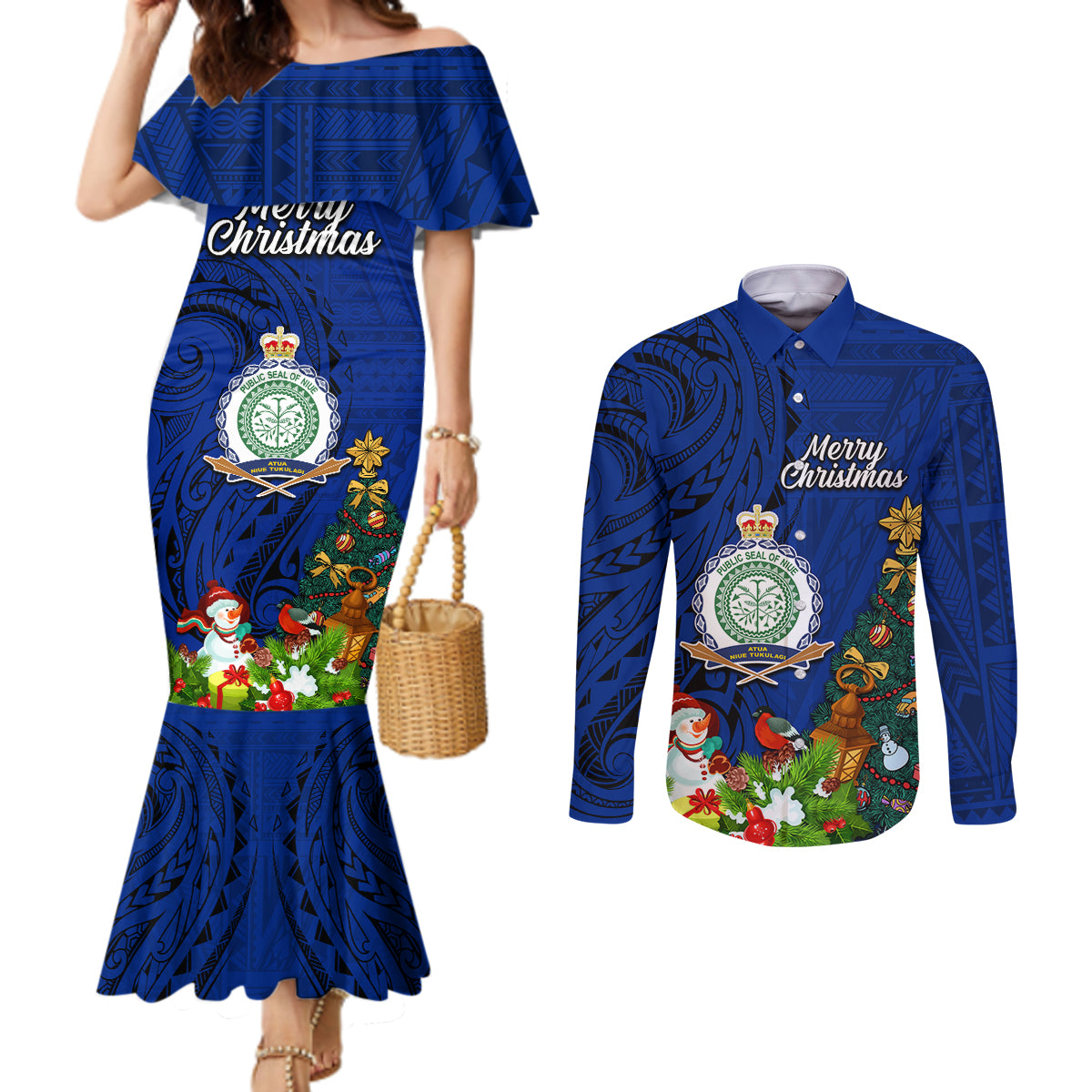 Niue Christmas Couples Matching Mermaid Dress and Long Sleeve Button Shirt Coat of Arms and Polynesian Tattoo Xmas Element Christmas Blue Vibe LT03 Blue - Polynesian Pride